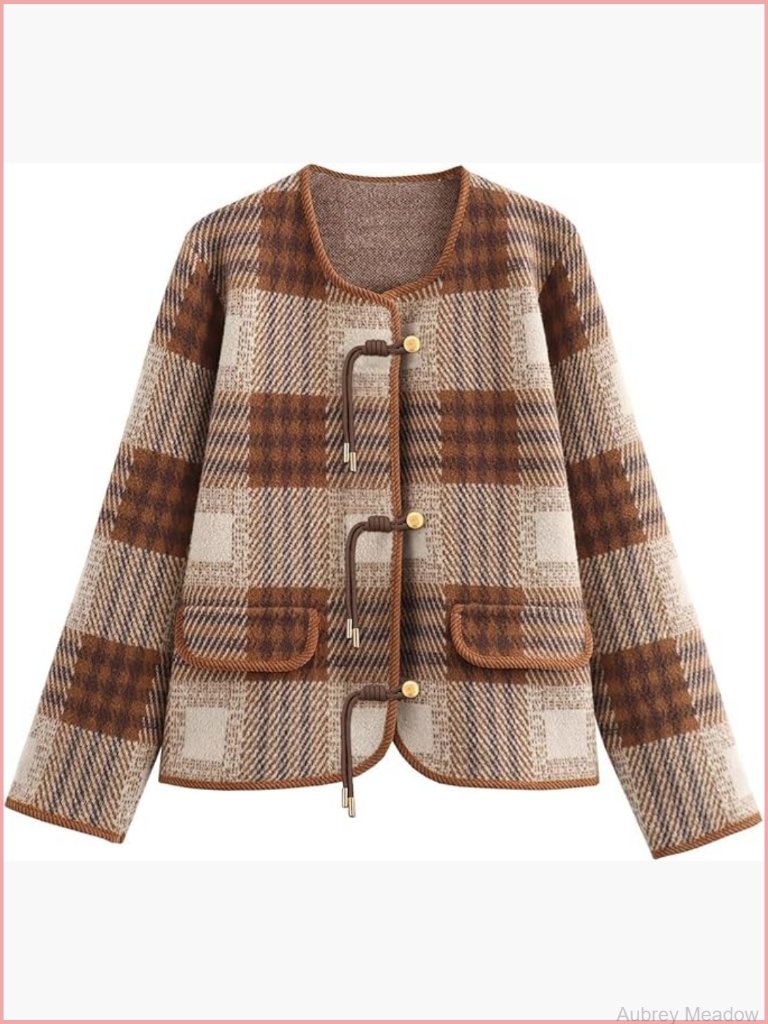 Vintage Cardigan Sweater Plaid Knit Jacket With Pockets Casual Outwear Coat